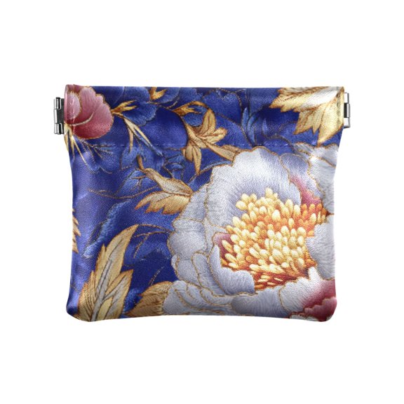 JIALIOU Leather Coin Purse Pouch No Zipper Small Pink Blue Flowers Embroidery Makeup Bag for Women Men Cosmetics Jewelry 4.3x3.7 inch