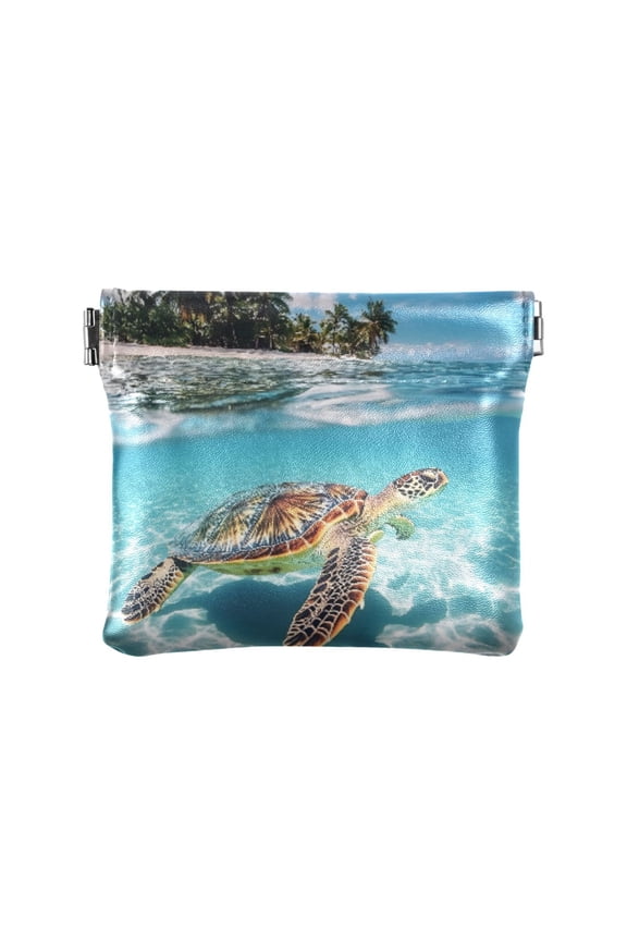 Leather Coin Purse Pouch No Zipper Small Sea Turtle and Island Makeup Bag for Women Men Cosmetics Jewelry 4.3x3.7 inch