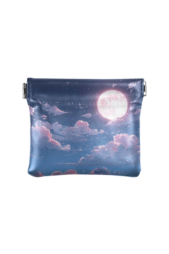 Leather Coin Purse Pouch No Zipper Small Sky with Clouds and Full Moon Makeup Bag for Women Men Cosmetics Jewelry 4.3x3.7 inch