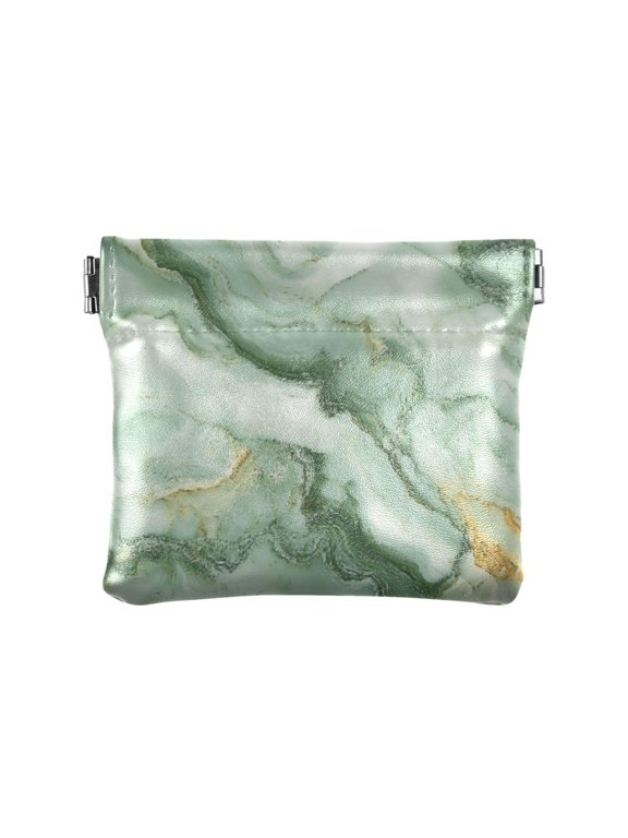 Leather Coin Purse Pouch No Zipper Small Soft Green Marble Makeup Bag for Women Men Cosmetics Jewelry 4.3x3.7 inch