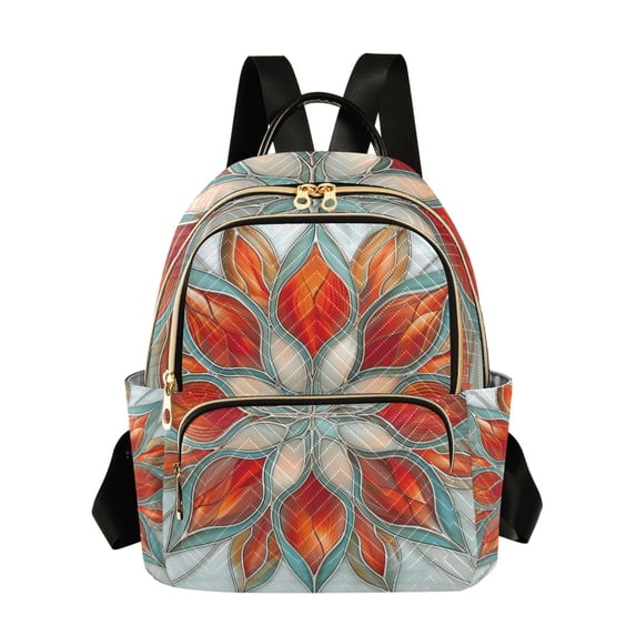 JIALIOU Mini Backpack Purse for Women Quilted Casual Daypack Small Travel Shoulder Bag, Abstract Red Floral Stained Glass