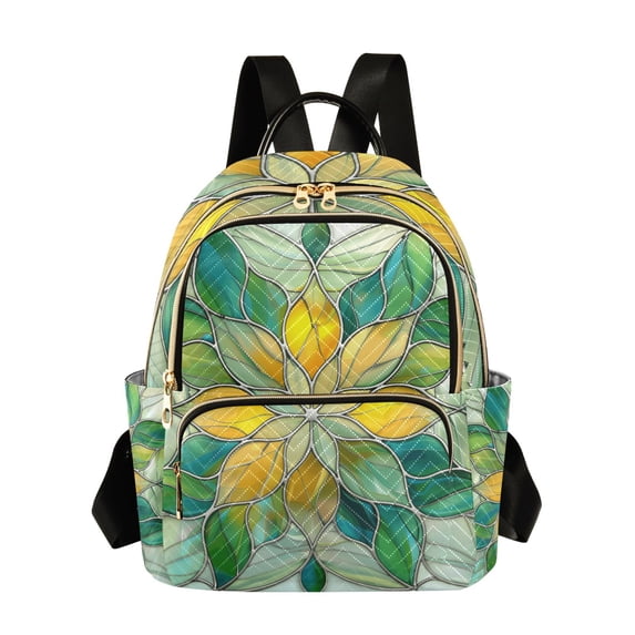 JIALIOU Mini Backpack Purse for Women Quilted Casual Daypack Small Travel Shoulder Bag, Abstract Yellow Green Floral Stained Glass