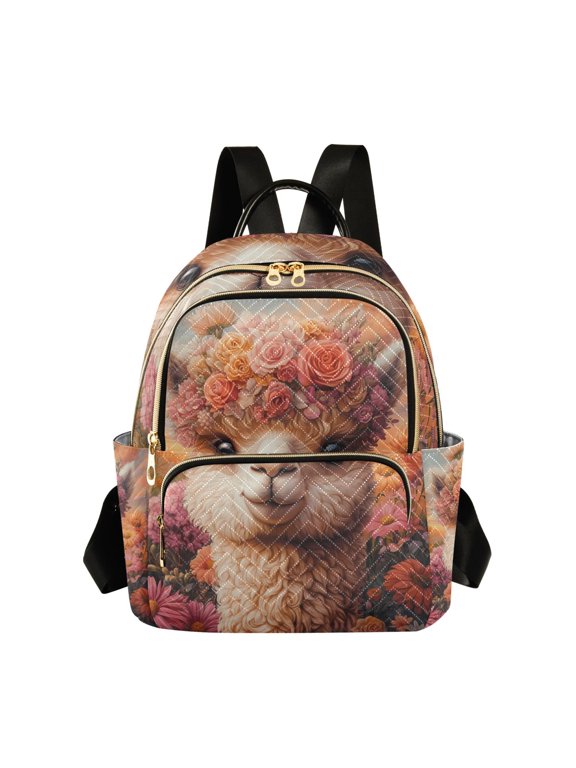 Mini Backpack Purse for Women Quilted Casual Daypack Small Travel Shoulder Bag, Alpaca in Flowers Sea