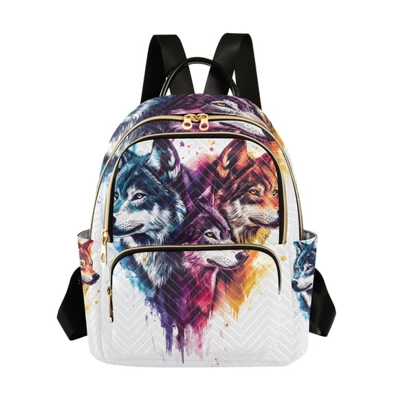 JIALIOU Mini Backpack Purse for Women Quilted Casual Daypack Small Travel Shoulder Bag, Blue Orange Purple Wolf Faces