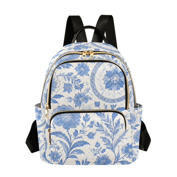 JIALIOU Mini Backpack Purse for Women Quilted Casual Daypack Small Travel Shoulder Bag, Blue Porcelain Floral
