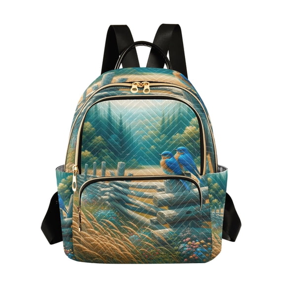JIALIOU Mini Backpack Purse for Women Quilted Casual Daypack Small Travel Shoulder Bag, Bluebirds and Forests
