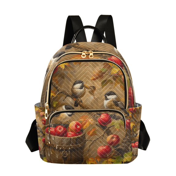 JIALIOU Mini Backpack Purse for Women Quilted Casual Daypack Small Travel Shoulder Bag, Chickadees Birds on Apple Tree