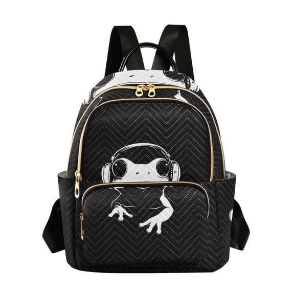 JIALIOU Mini Backpack Purse for Women Quilted Casual Daypack Small Travel Shoulder Bag, Cute Frog Wearing Headphones