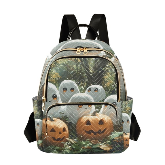 JIALIOU Mini Backpack Purse for Women Quilted Casual Daypack Small Travel Shoulder Bag, Cute Ghosts Pumpkins in Forest