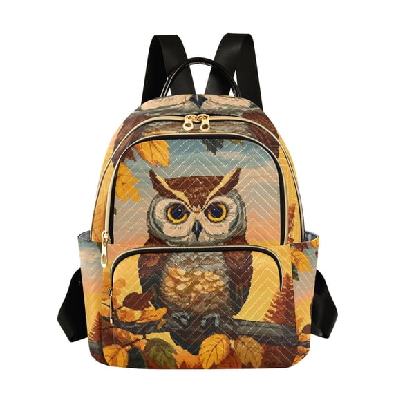 JIALIOU Mini Backpack Purse for Women Quilted Casual Daypack Small Travel Shoulder Bag, Cute Owl with Autumn Leaves