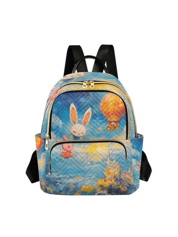 Mini Backpack Purse for Women Quilted Casual Daypack Small Travel Shoulder Bag, Cute Rabbits Flying