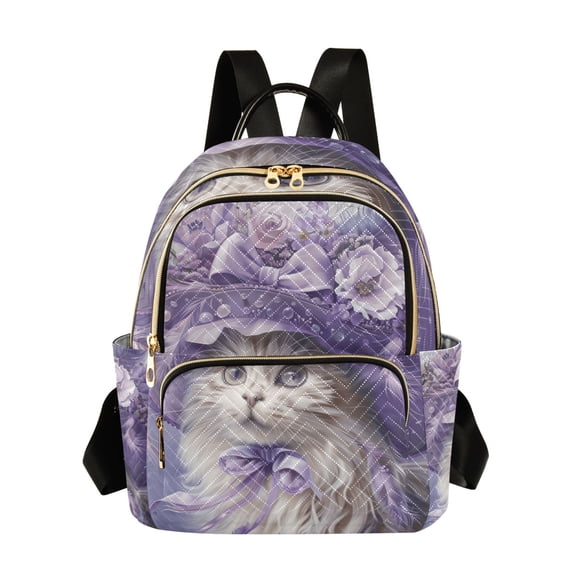 JIALIOU Mini Backpack Purse for Women Quilted Casual Daypack Small Travel Shoulder Bag, Elegant Cat with Lilac Flowers Hat