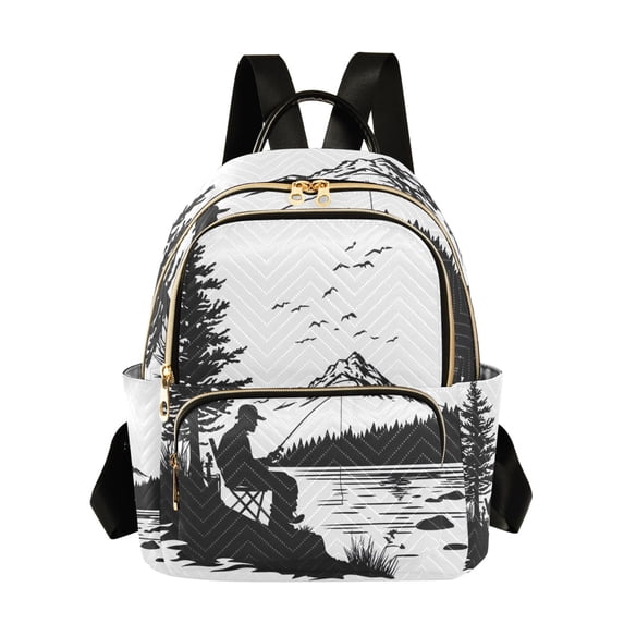 JIALIOU Mini Backpack Purse for Women Quilted Casual Daypack Small Travel Shoulder Bag, Fishing in Mountains Silhouette
