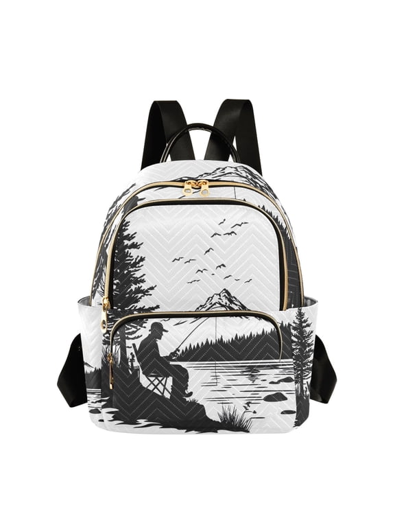 Mini Backpack Purse for Women Quilted Casual Daypack Small Travel Shoulder Bag, Fishing in Mountains Silhouette