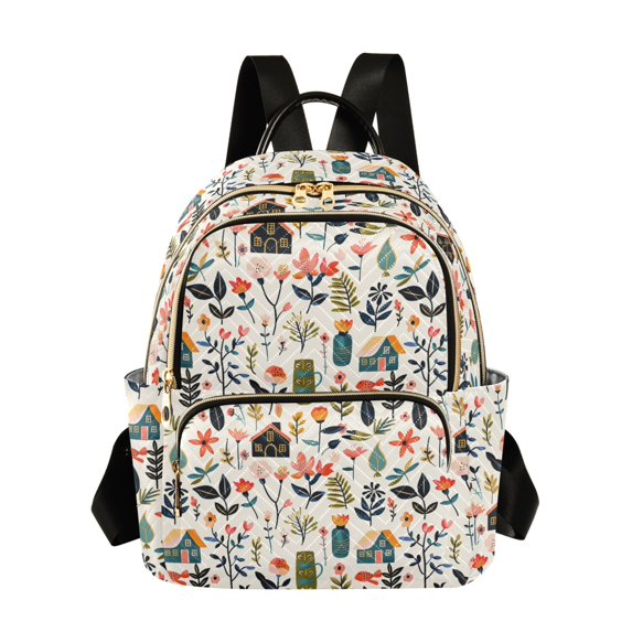 JIALIOU Mini Backpack Purse for Women Quilted Casual Daypack Small Travel Shoulder Bag, Flower House Leaves