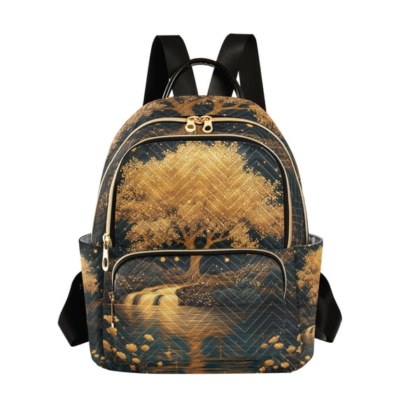 JIALIOU Mini Backpack Purse for Women Quilted Casual Daypack Small Travel Shoulder Bag, Golden Tree on River Bank