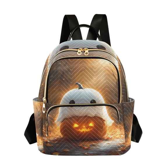 JIALIOU Mini Backpack Purse for Women Quilted Casual Daypack Small Travel Shoulder Bag, Lovely Ghost on Pumpkin