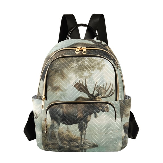 JIALIOU Mini Backpack Purse for Women Quilted Casual Daypack Small Travel Shoulder Bag, Moose on Misty Lake