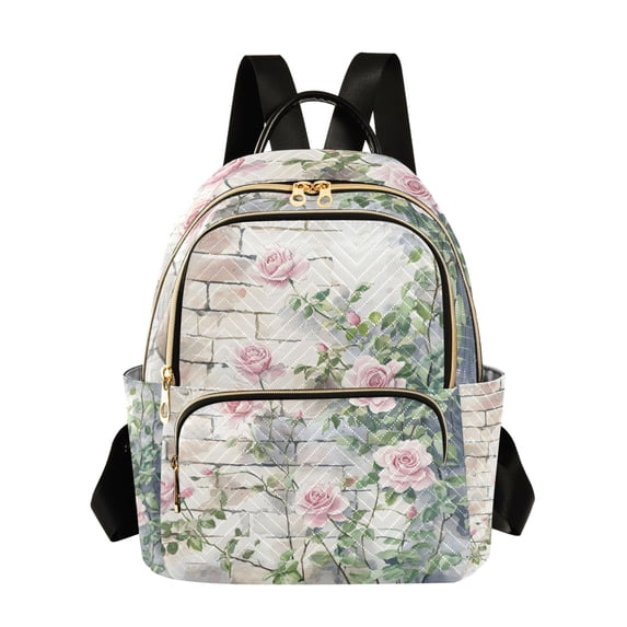 JIALIOU Mini Backpack Purse for Women Quilted Casual Daypack Small Travel Shoulder Bag, Pink Roses Climbing on Wall