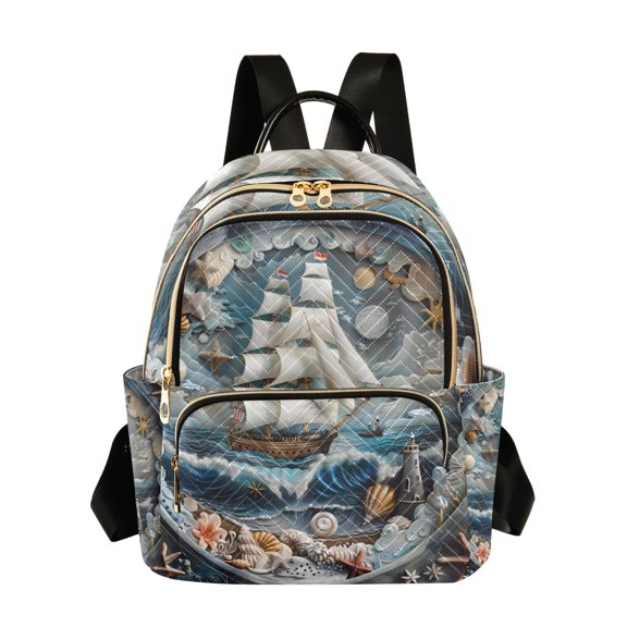 JIALIOU Mini Backpack Purse for Women Quilted Casual Daypack Small Travel Shoulder Bag, Ship on Sea and Shell
