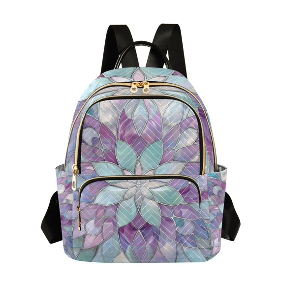JIALIOU Mini Backpack Purse for Women Quilted Casual Daypack Small Travel Shoulder Bag, Violet Floral Stained Glass
