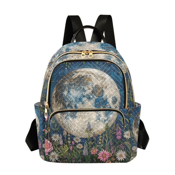 JIALIOU Mini Backpack Purse for Women Quilted Casual Daypack Small Travel Shoulder Bag, Wildflowers and Trees Surrounded Full Moon