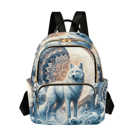JIALIOU Mini Backpack Purse for Women Quilted Casual Daypack Small Travel Shoulder Bag, Wolf with Bright Moon