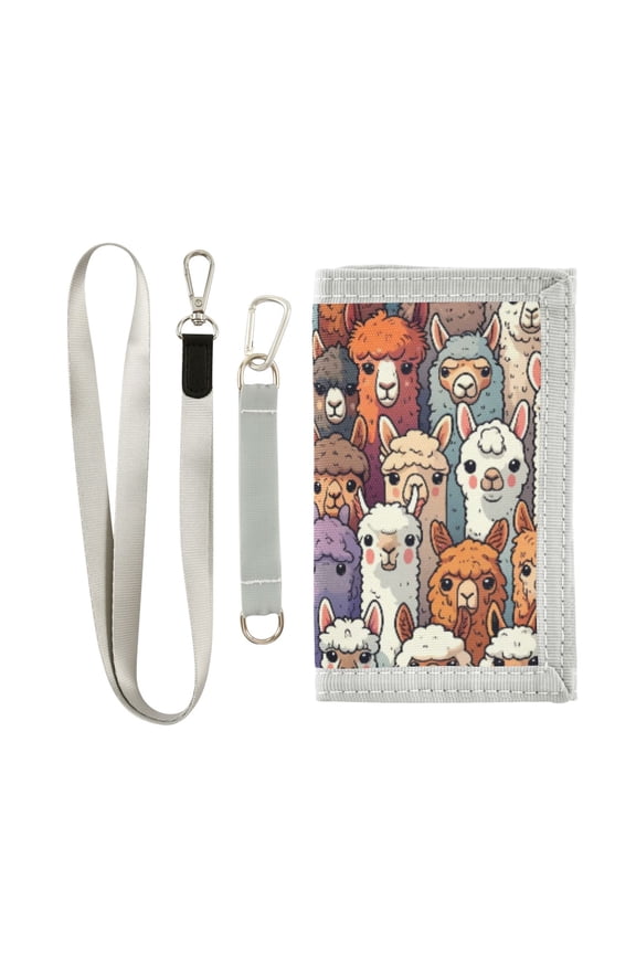 Nylon Trifold Card Wallet with ID Window Zipper Pocket for Men Women Teen Alpaca Llama Animal Faces