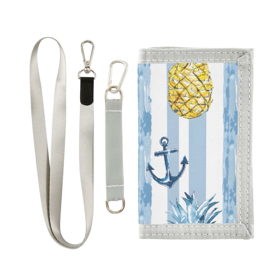 JIALIOU Nylon Trifold Card Wallet with ID Window Zipper Pocket for Men Women Teen Anchor and Pineapple