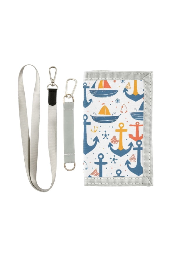 Nylon Trifold Card Wallet with ID Window Zipper Pocket for Men Women Teen Anchors Boats Dots