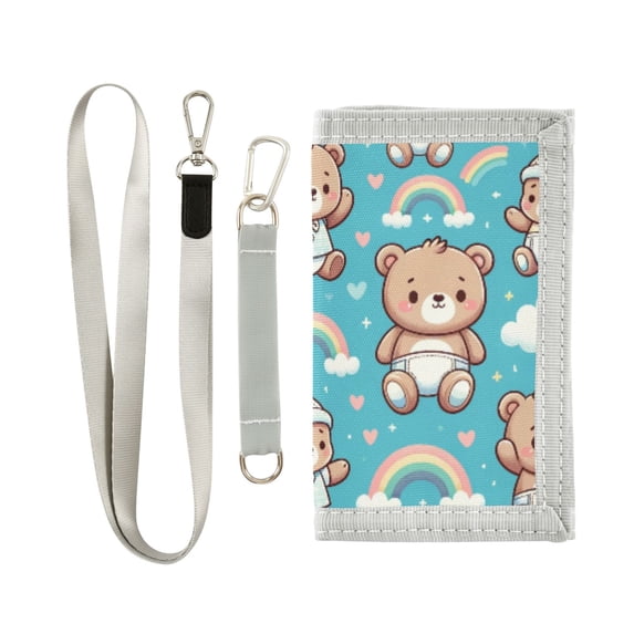 JIALIOU Nylon Trifold Card Wallet with ID Window Zipper Pocket for Men Women Teen Bear with Hat and Rainbow
