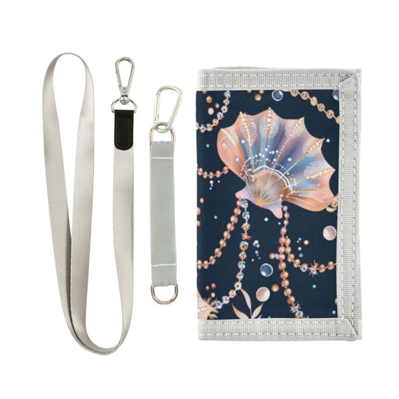 JIALIOU Nylon Trifold Card Wallet with ID Window Zipper Pocket for Men Women Teen Beautiful Shell Necklaces