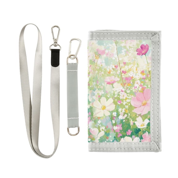 JIALIOU Nylon Trifold Card Wallet with ID Window Zipper Pocket for Men Women Teen Blooming Cosmos Flower Field
