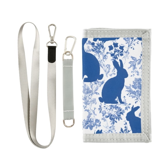 JIALIOU Nylon Trifold Card Wallet with ID Window Zipper Pocket for Men Women Teen Blue Flower Easter Bunny Silhouette