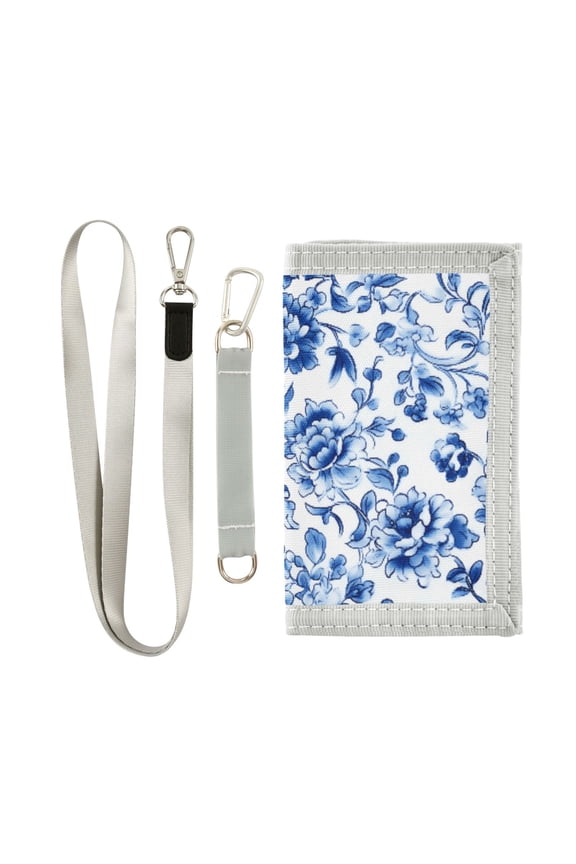 Nylon Trifold Card Wallet with ID Window Zipper Pocket for Men Women Teen Blue and White Porcelain Floral