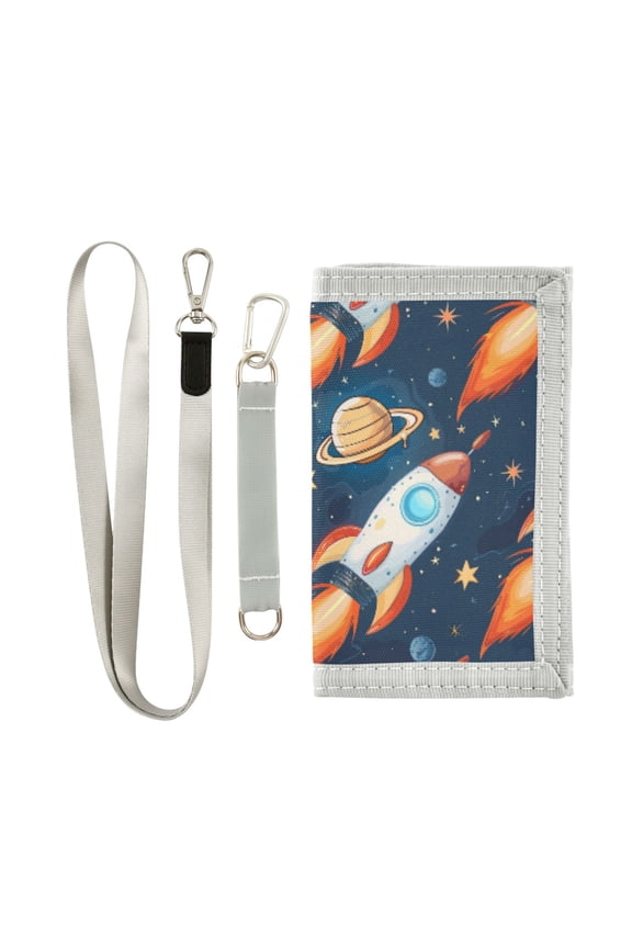 Nylon Trifold Card Wallet with ID Window Zipper Pocket for Men Women Teen Cartoon Rocket Planet Star