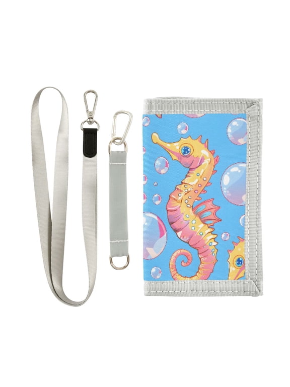 Nylon Trifold Card Wallet with ID Window Zipper Pocket for Men Women Teen Cartoon Seahorse and Bubbles