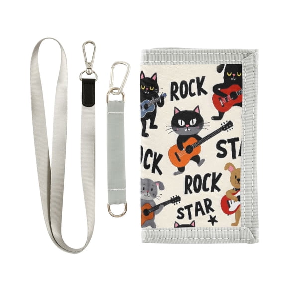 JIALIOU Nylon Trifold Card Wallet with ID Window Zipper Pocket for Men Women Teen Cat Play Rock Guitar