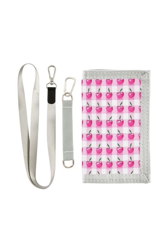 Nylon Trifold Card Wallet with ID Window Zipper Pocket for Men Women Teen Cherry with Gingham