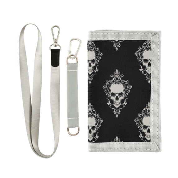 JIALIOU Nylon Trifold Card Wallet with ID Window Zipper Pocket for Men Women Teen Cool Skulls Filigree