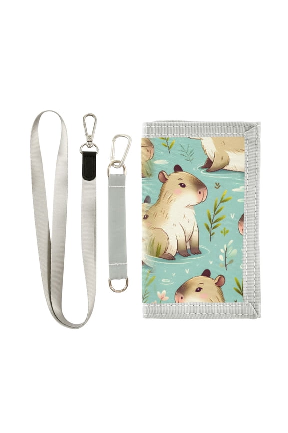 Nylon Trifold Card Wallet with ID Window Zipper Pocket for Men Women Teen Cute Capybara and Leaf