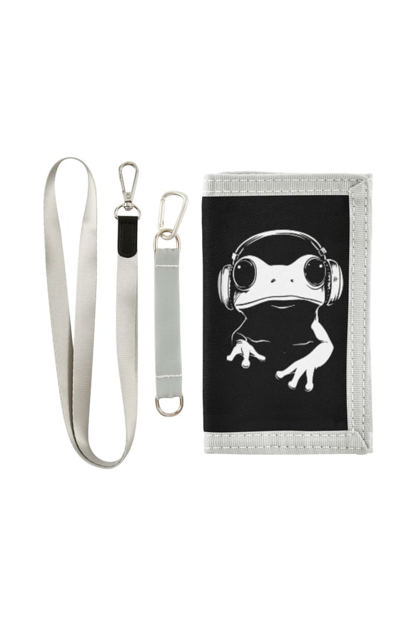Nylon Trifold Card Wallet with ID Window Zipper Pocket for Men Women Teen Cute Frog Wearing Headphones