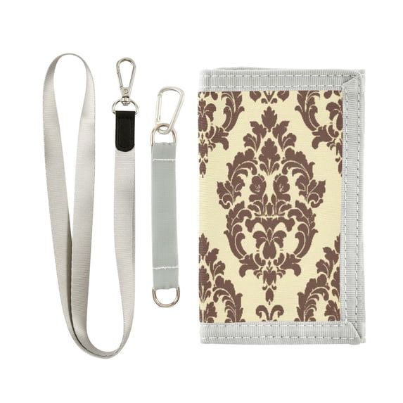 JIALIOU Nylon Trifold Card Wallet with ID Window Zipper Pocket for Men Women Teen Elegant Damask Pattern