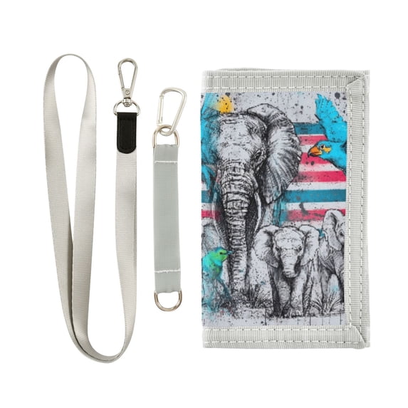 JIALIOU Nylon Trifold Card Wallet with ID Window Zipper Pocket for Men Women Teen Elephants Birds