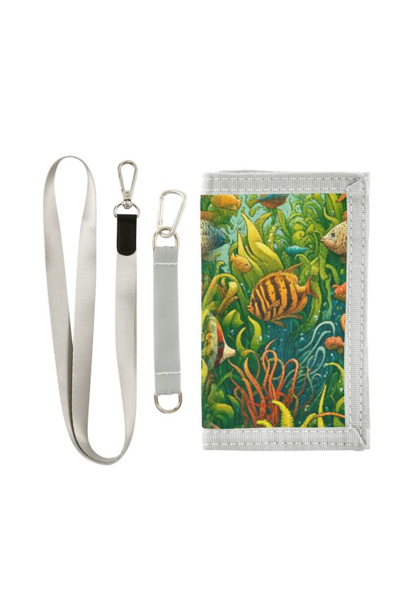 Nylon Trifold Card Wallet with ID Window Zipper Pocket for Men Women Teen Fish and Seaweeds