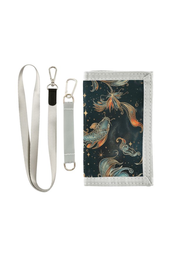 Nylon Trifold Card Wallet with ID Window Zipper Pocket for Men Women Teen Fishes and Star