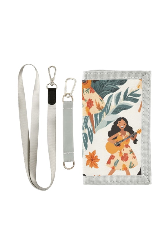 Nylon Trifold Card Wallet with ID Window Zipper Pocket for Men Women Teen Girl Play Guitar Tropical Leaf