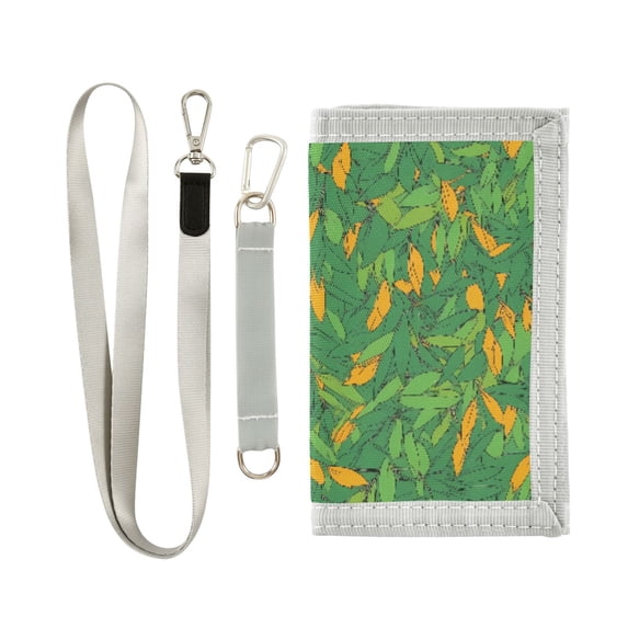JIALIOU Nylon Trifold Card Wallet with ID Window Zipper Pocket for Men Women Teen Green Orange Leaves