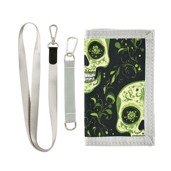 JIALIOU Nylon Trifold Card Wallet with ID Window Zipper Pocket for Men Women Teen Green Skull and Leaves
