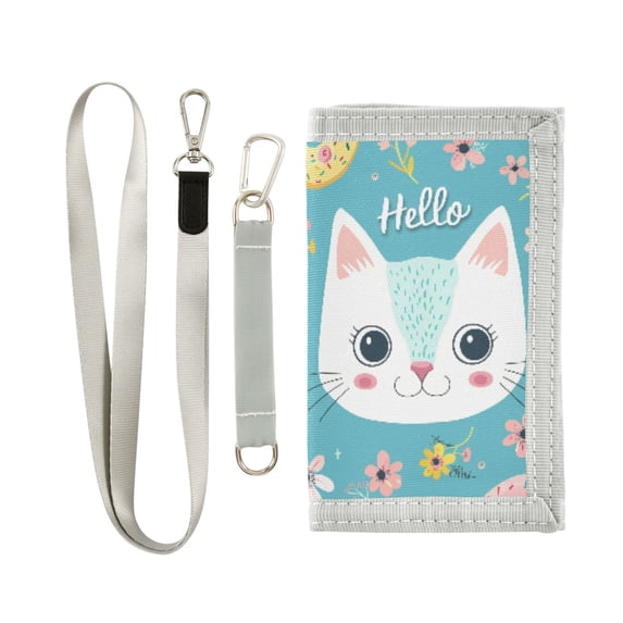 JIALIOU Nylon Trifold Card Wallet with ID Window Zipper Pocket for Men Women Teen Hello Cat Face